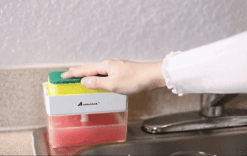Person presses sponge on soap dispenser to dispense soap