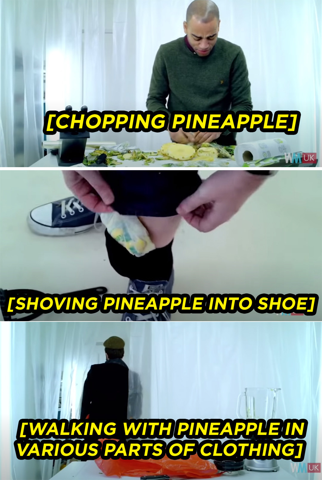 a man is at a table in an empty room, chopping up pineapple. in the next image he is shoving a bag of that pineapple into a show, and in the next he is walking away with pineapple in his shoe