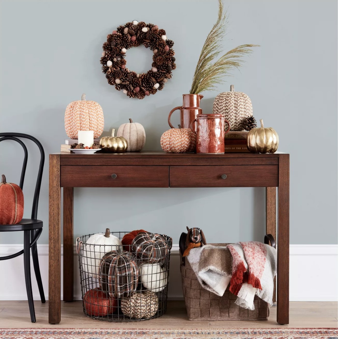 The basket under a console table