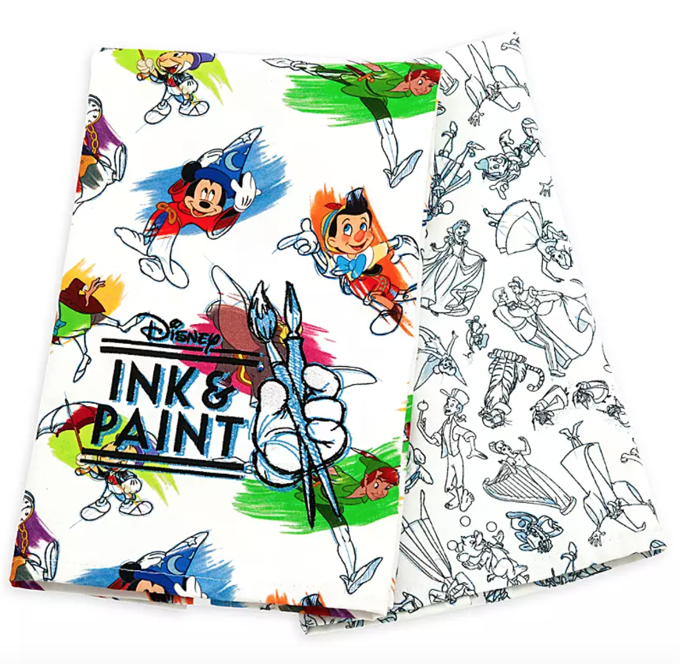 white kitchen towels with semi-colored in sketches of Disney characters
