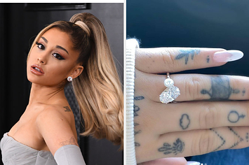 Ariana Grande on the red carpet next to a photo of her ring
