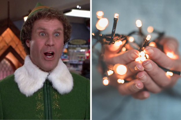 buddy the elf on the left and two hands holding white string lights on the right
