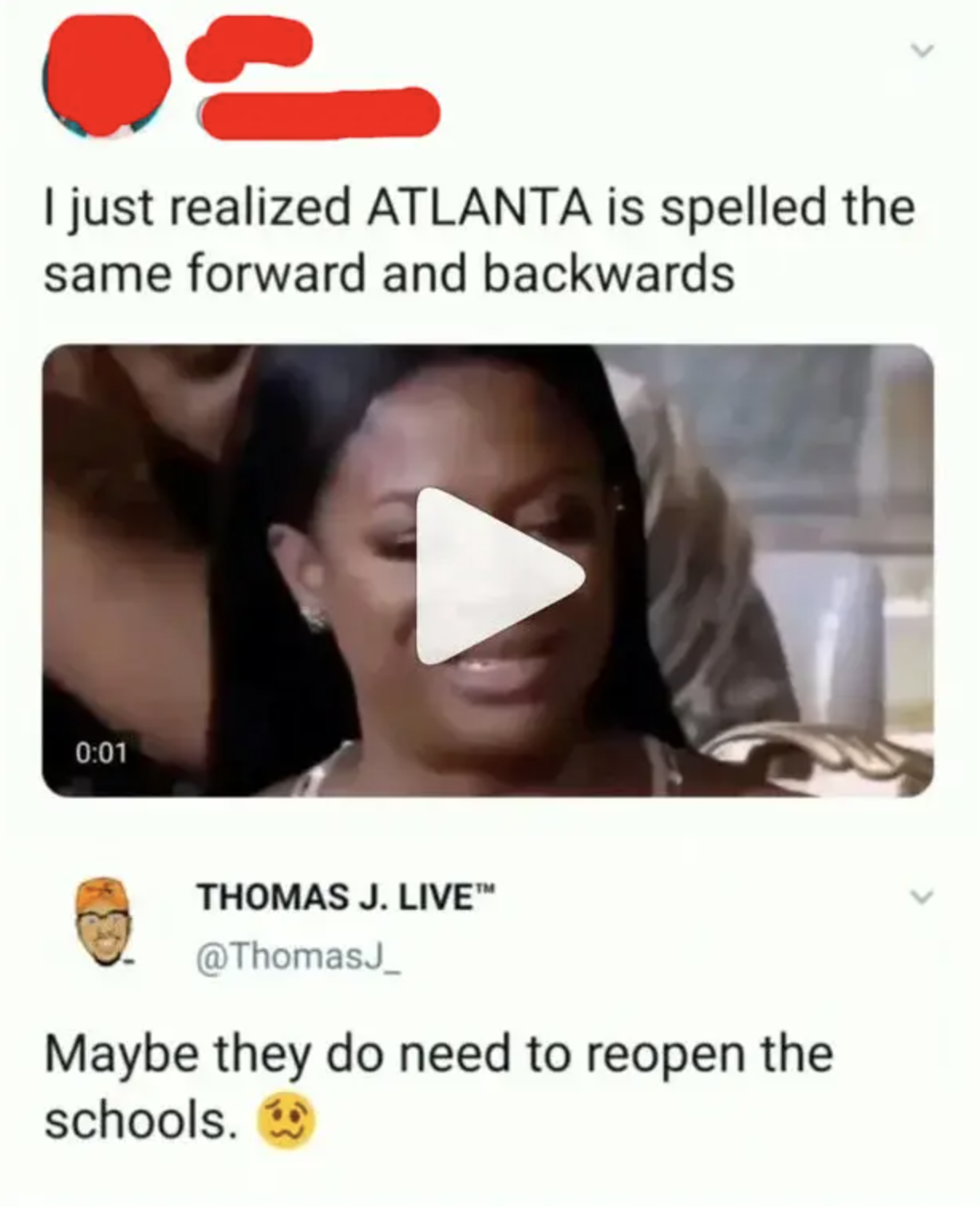 tweet of someone thinking atlanta is spelled the same forward and backward