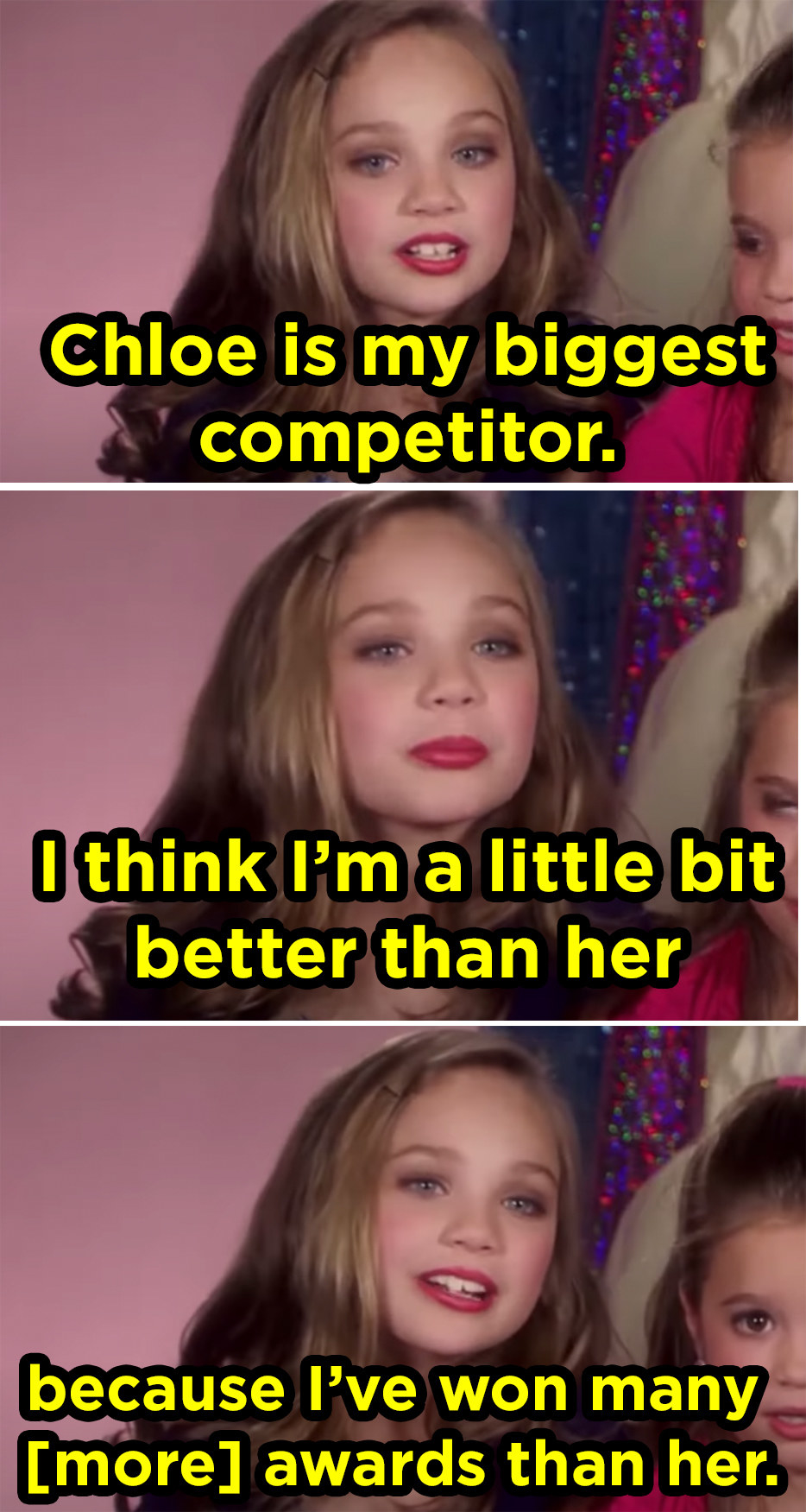 a young girl about 7 years of age sits down in front of a camera saying &quot;chloe is my biggest competition, i think i&#x27;m a little bit better than her because I&#x27;ve won more awards than her&quot;