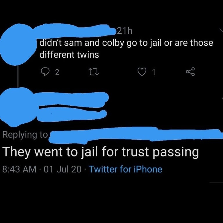 tweet reading they went to jail for trust passing