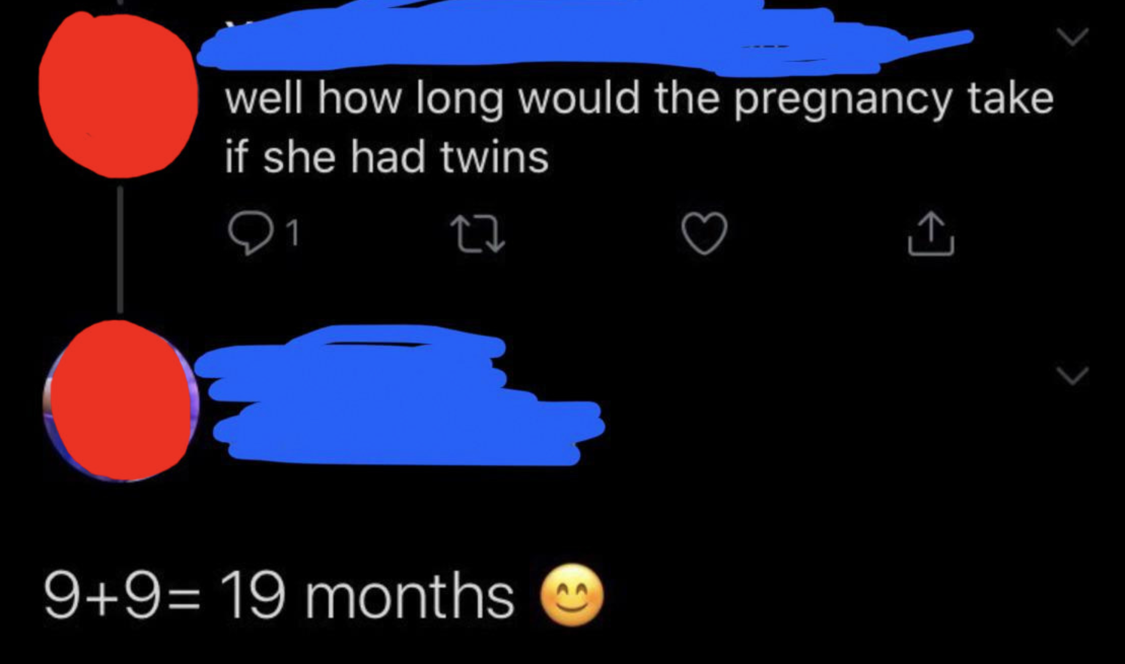 tweet of someone thinking babies are born after 19 months