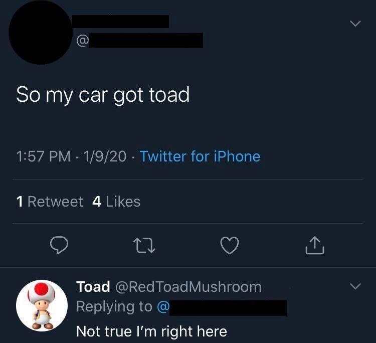 tweet reading my car got toad spelling like the frog