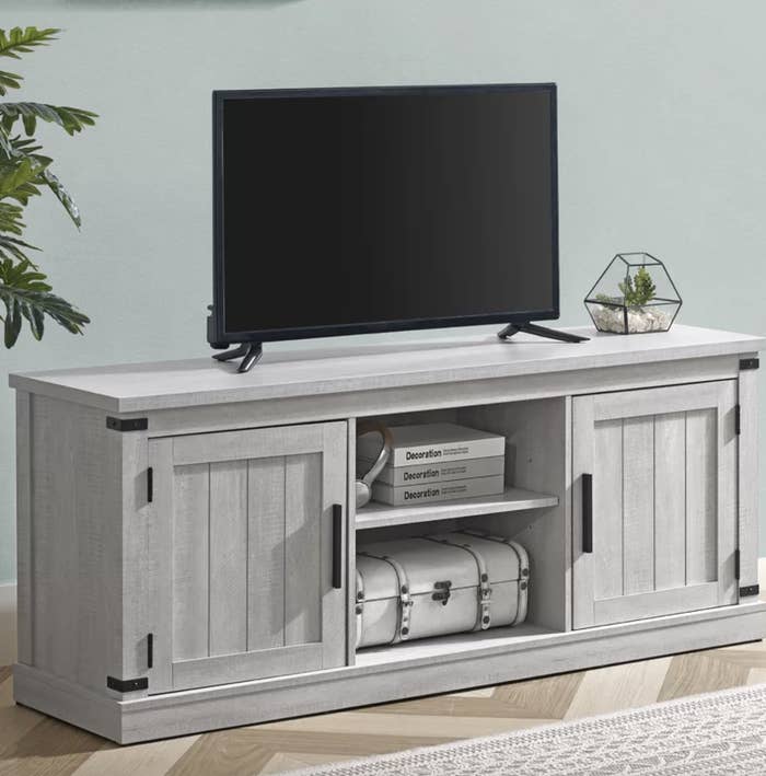 the tv stand in gray 
