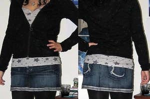 A girl wearing a denim skirt over leggings in the early 2000s