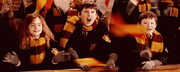 Hermione and Neville cheer at a Quidditch game