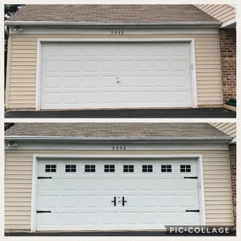 Reviewer before and after pic showing the plain garage door and then how nice it looks with the magnets on it
