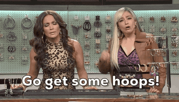 GIF of Jennifer Lopez skit from SNL with the phrase &quot;Go get some hoops!&quot; 