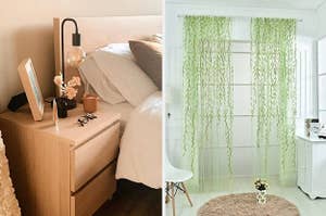 (left) Mid-century modern table lamp (right) Greenery drapes