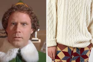 Buddy the Elf is on the left with a model wearing a sweater and patterned pants on the right