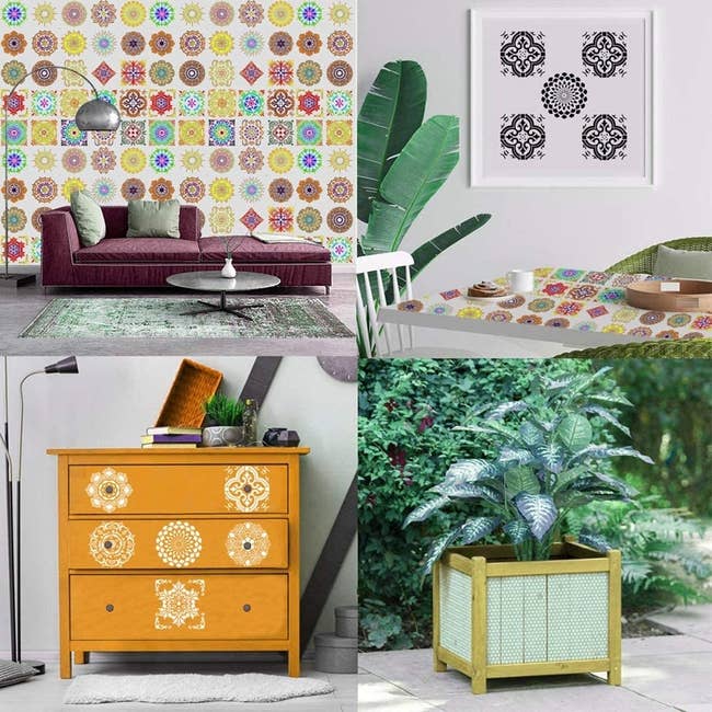 four images of the mandala stencils being used to decorate: a wall, a table, a dresser, and a planter