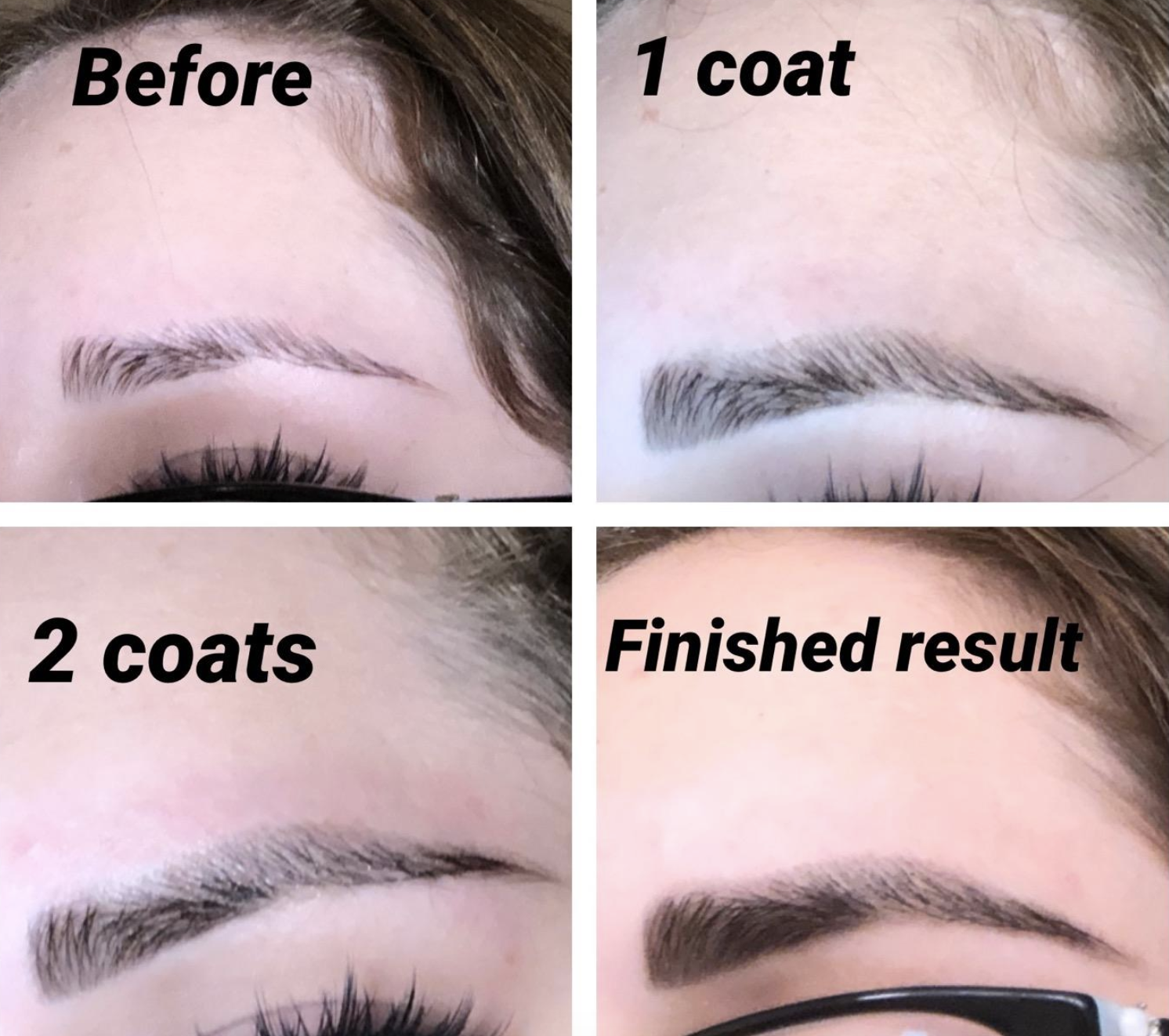 four progression photos of a reviewer applying the dye. after photo shows fuller looking brows.