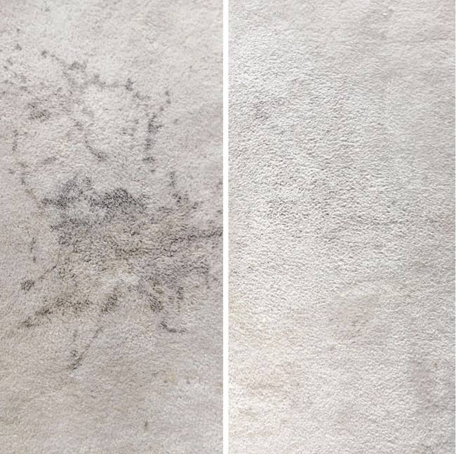 before/after image of reviewer's carpet with a big stain. after pic shows no stain in white carpet.