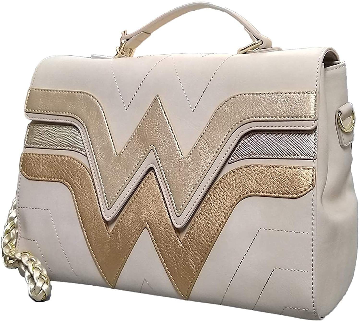The cream bag stitched with cream, gold, silver, and bronze Wonder Woman W symbols, with a top handle and gold braided charm
