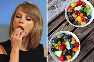 On the left, Taylor Swift eating a strawberry, and on the right, two bowls of fruit salad