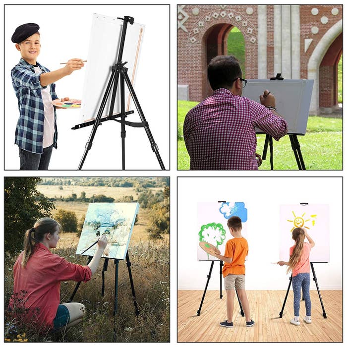 A collage of various people painting on the easel, in different settings.