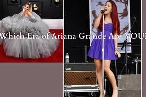 2 pictures of ariana grande with a text that reads "Which Era of Ariana Grande Are You?"