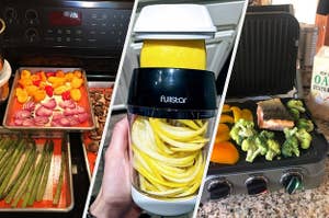 On the left, baking sheets filled with veggies. In the middle, hand holds yellow zucchini in spiralizer. On right, tabletop grill with veggies and salmon