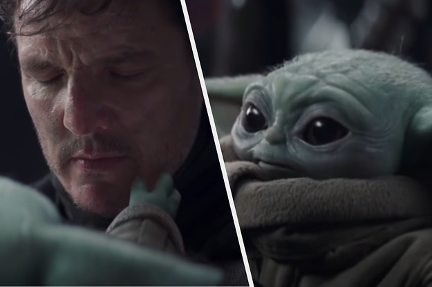 Mandalorian without helmet and baby yoda Grogu