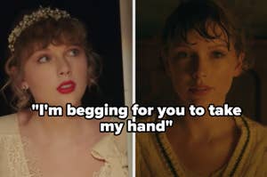 Taylor Swift from "Willow" with the words "I'm begging for you to take my hand"