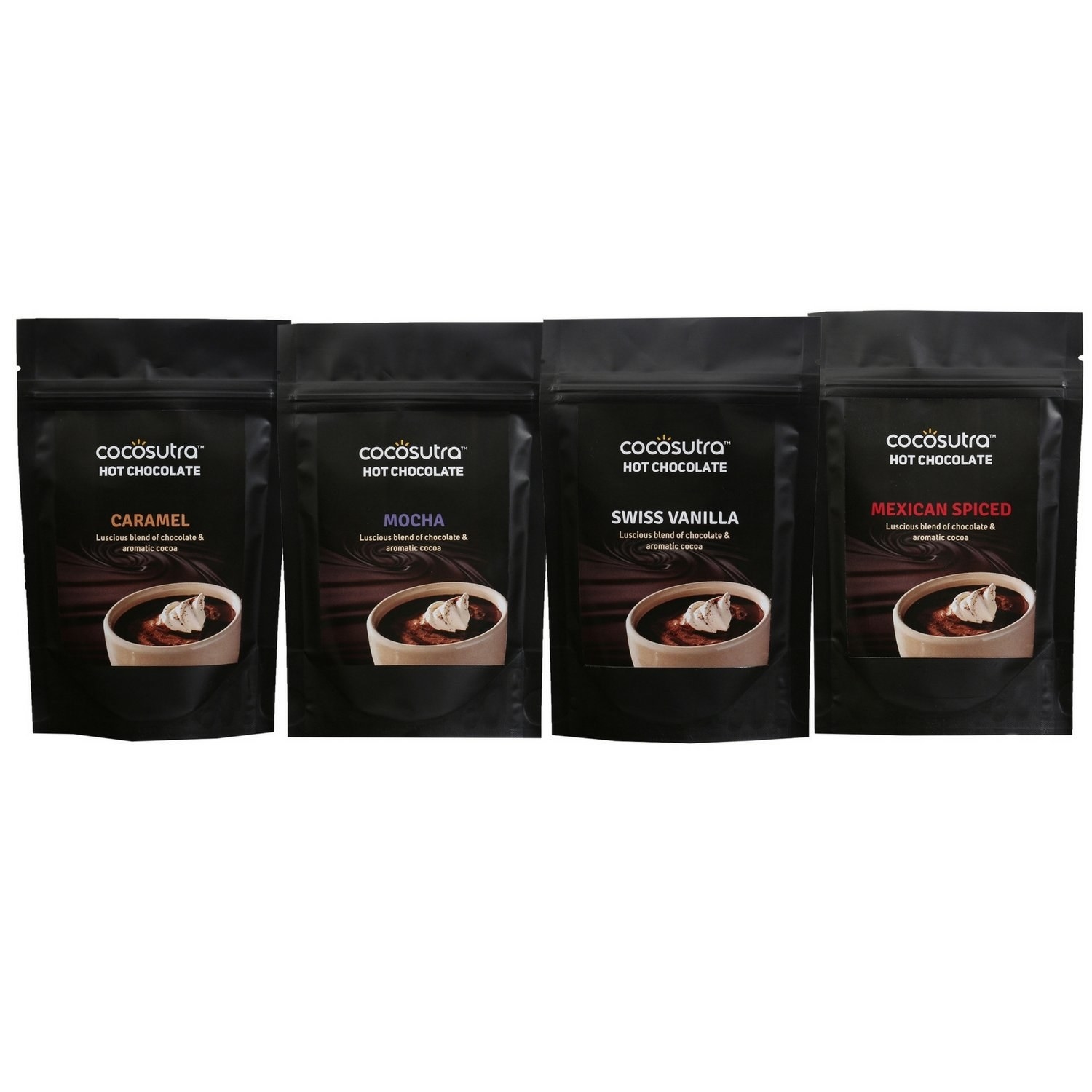 Set of hot chocolate blends flavoured Caramel, Mocha, Swiss Vanilla and Mexican Spiced.