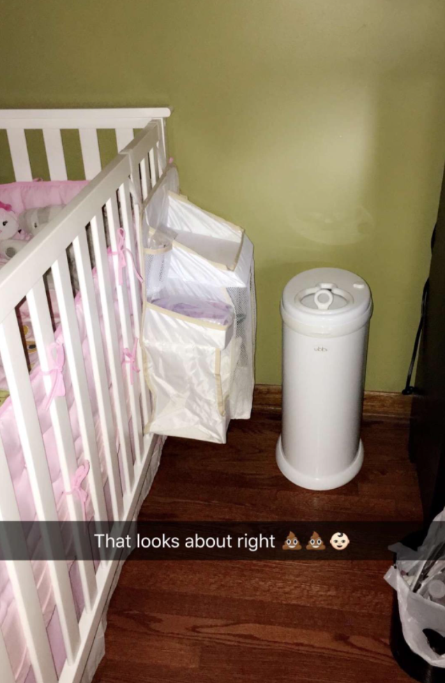 A reviewer&#x27;s diaper pail with the caption, &quot;that looks about right&quot;