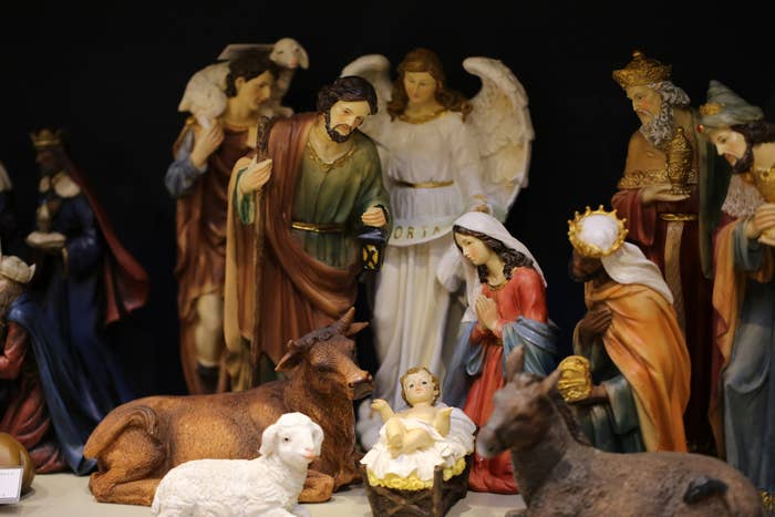A close-up of a plastic nativity scene 