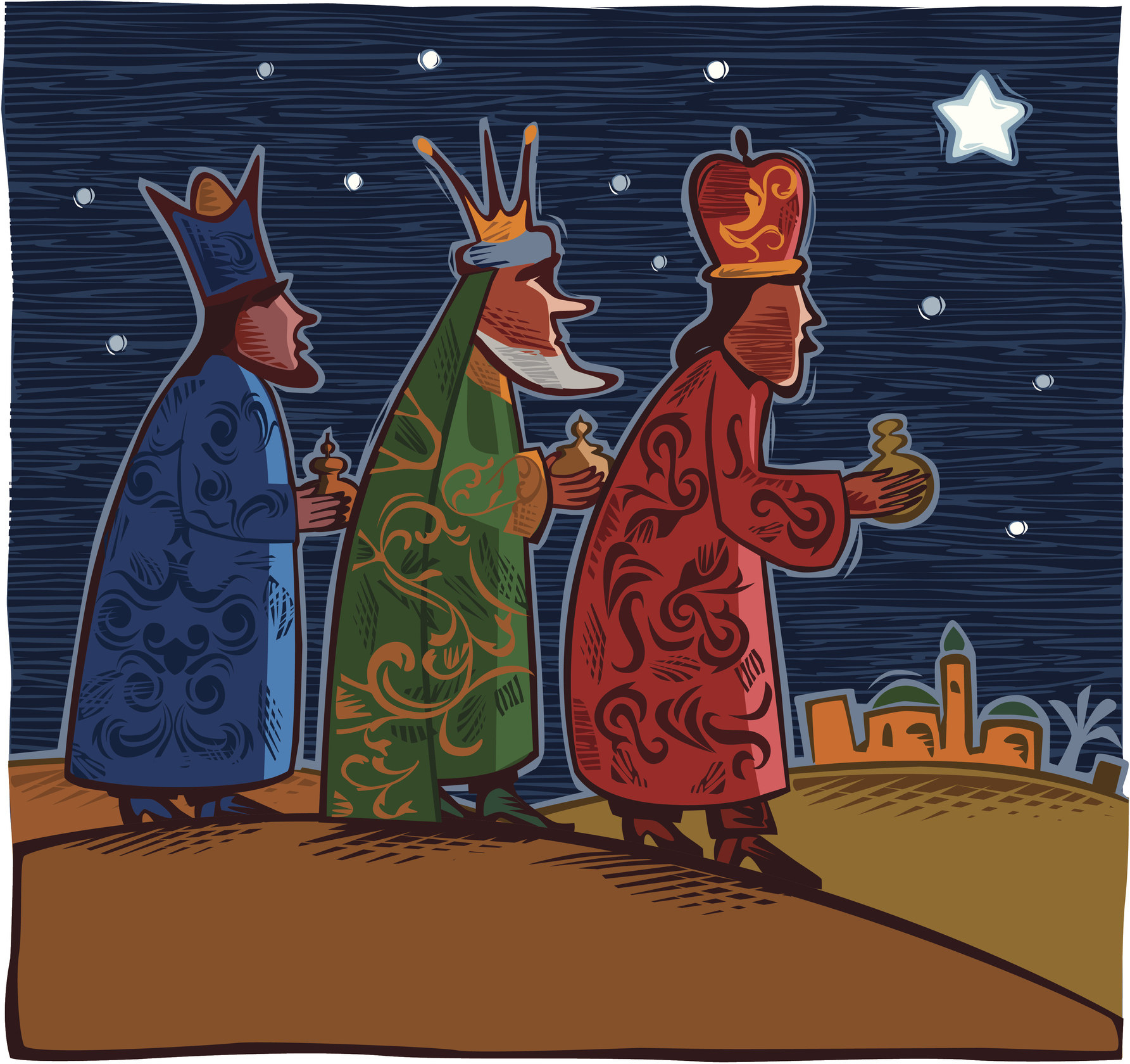 A drawing made to look like a relief of the Three Wise Men