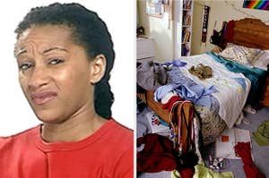 Woman glaring at a dirty room