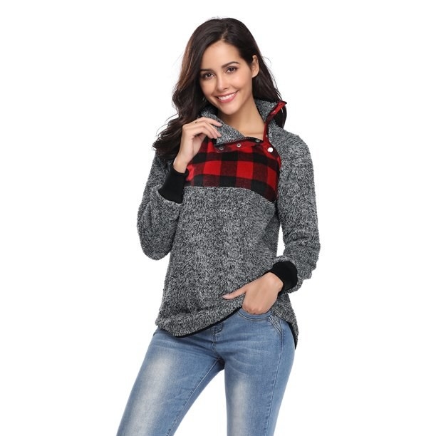 Model in snap fleece pullover 