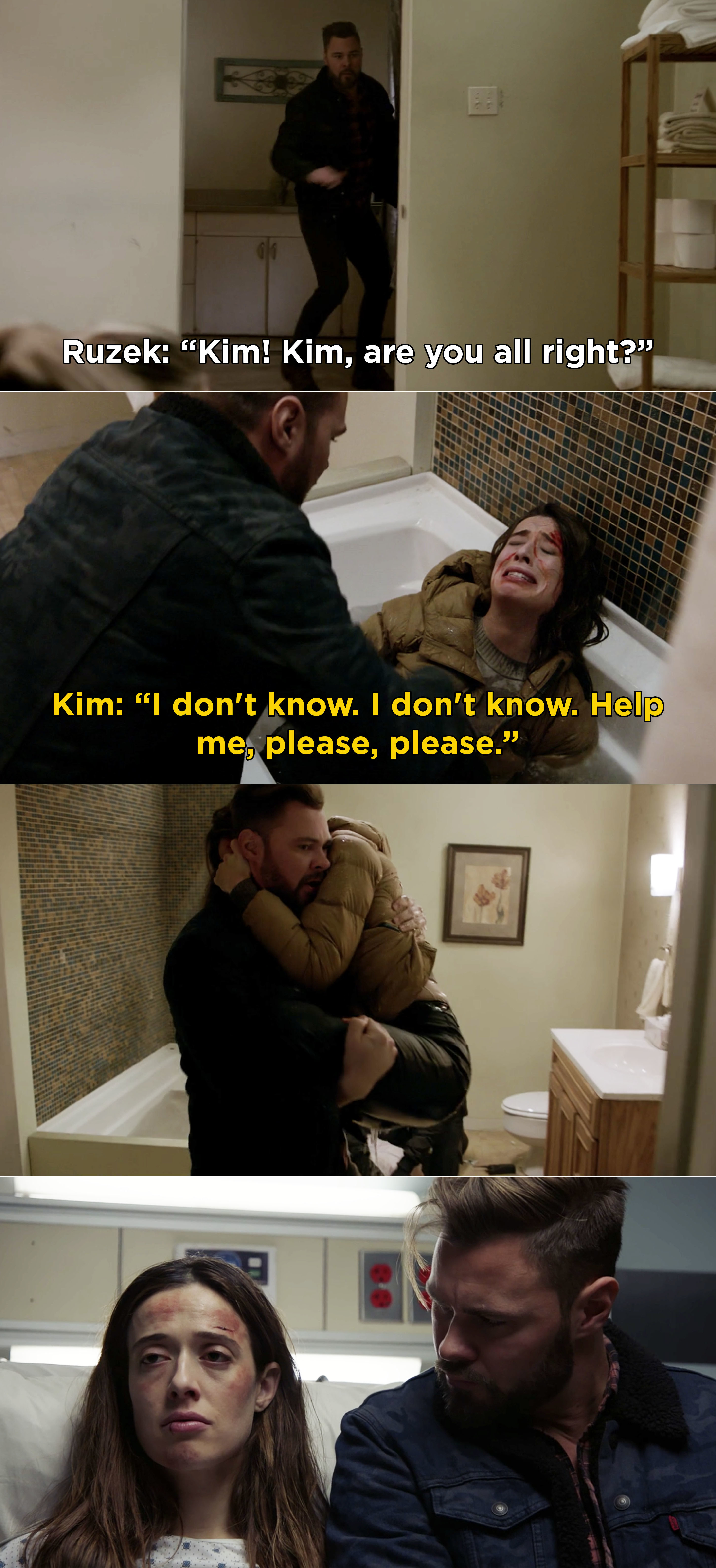 Ruzek picking up Kim while she cries in a bathtub