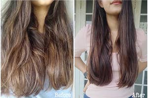 A before-and-after photo, showing the effect of the conditioner on hair.