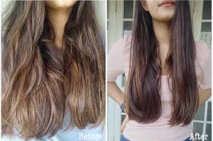 A before-and-after photo, showing the effect of the conditioner on hair.