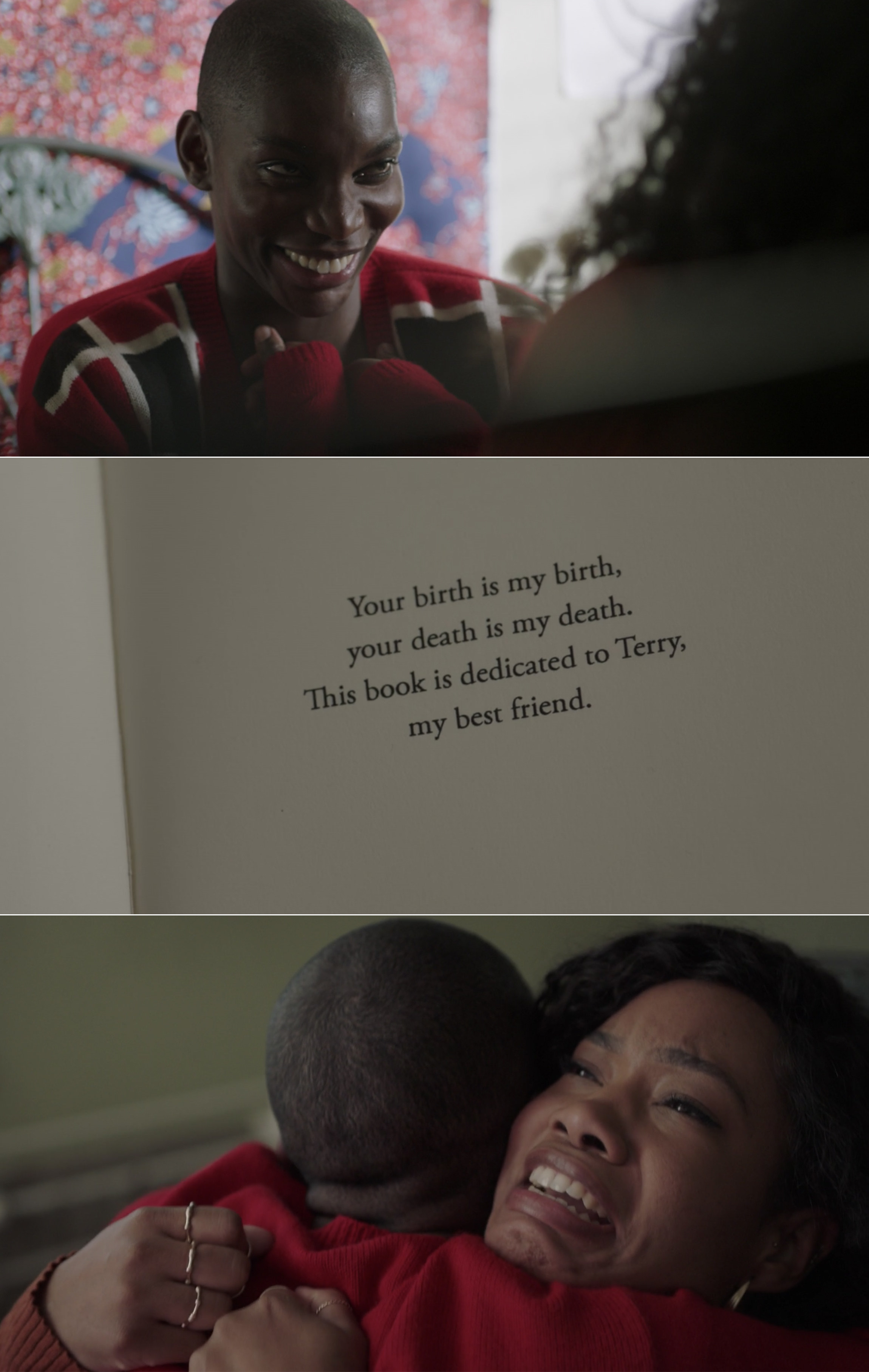 Terry reading the dedication in the book and hugging Arabella