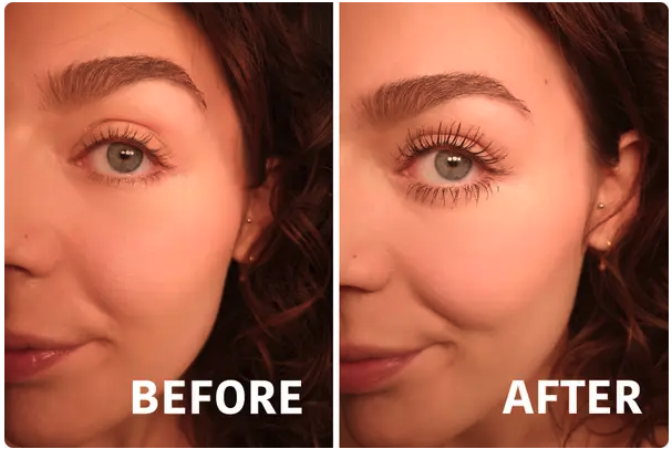 A before and after showing a buzzfeed writer&#x27;s lashes look much longer and fuller after using the product
