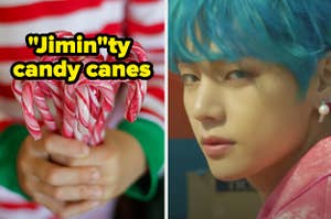 A bunch of candy canes are on the left labeled, "Jiminty candy canes" with a side profile of a BTS member on the right