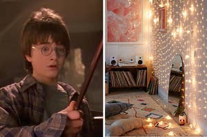 Harry potter on the left holding a wand and a room covered in string lights on the right