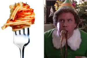 A bite of spaghetti wrapped around a fork and Will Ferrell as Buddy Hobbs, aka 