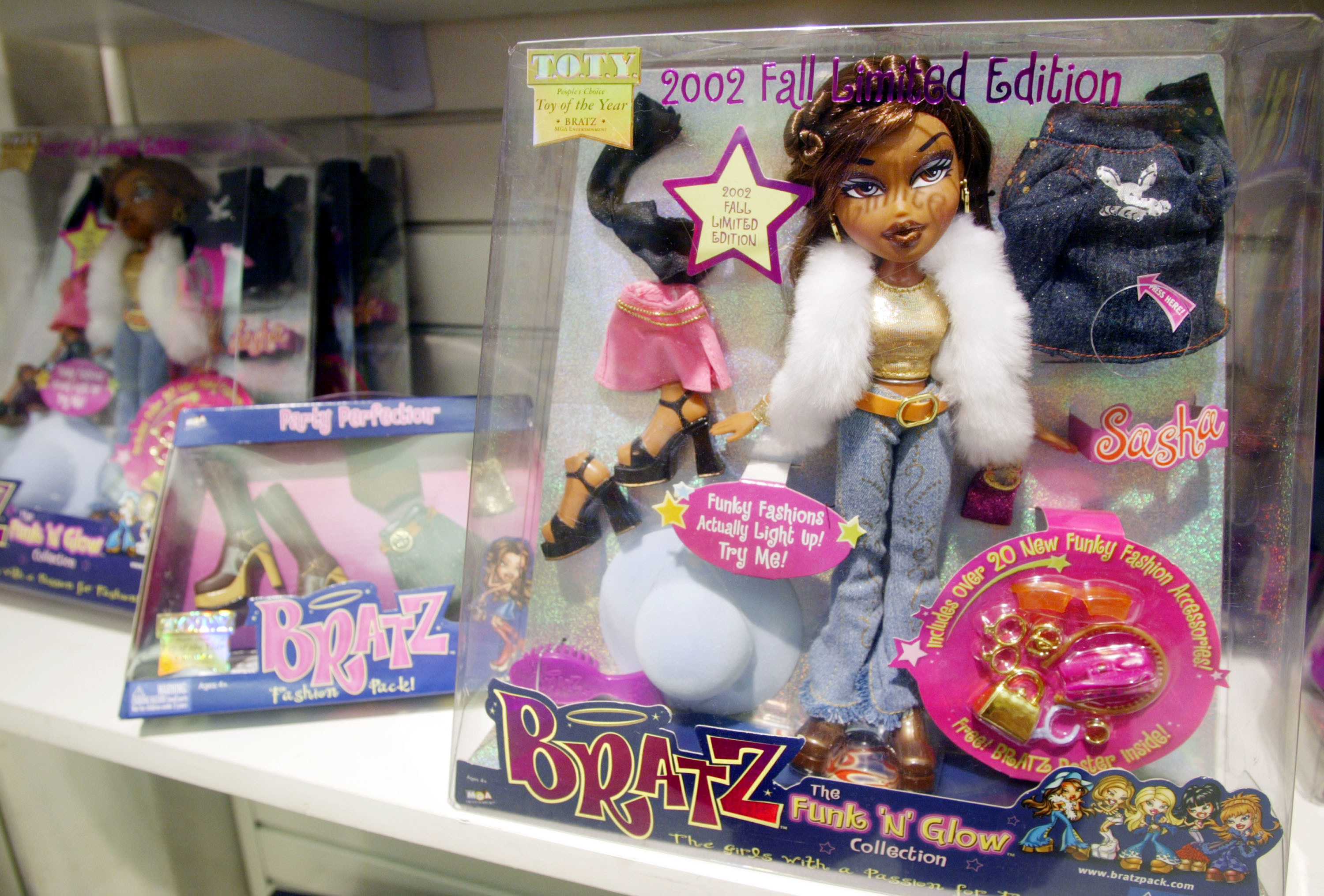 The &#x27;Sasha&#x27; Bratz doll from the Funk &#x27;N&#x27; Glow Collection in a box on a shelf at a toy store