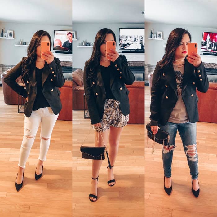 A reviewer styling the black blazer three different ways, with jeans, white jeans, and shorts