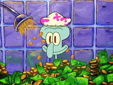 Squidward sitting in a bath full of money as the showerhead rains coins down 