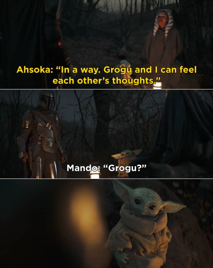 Ahsoka telling Mando, "In a way. Grogu and I can feel each other's thoughts"