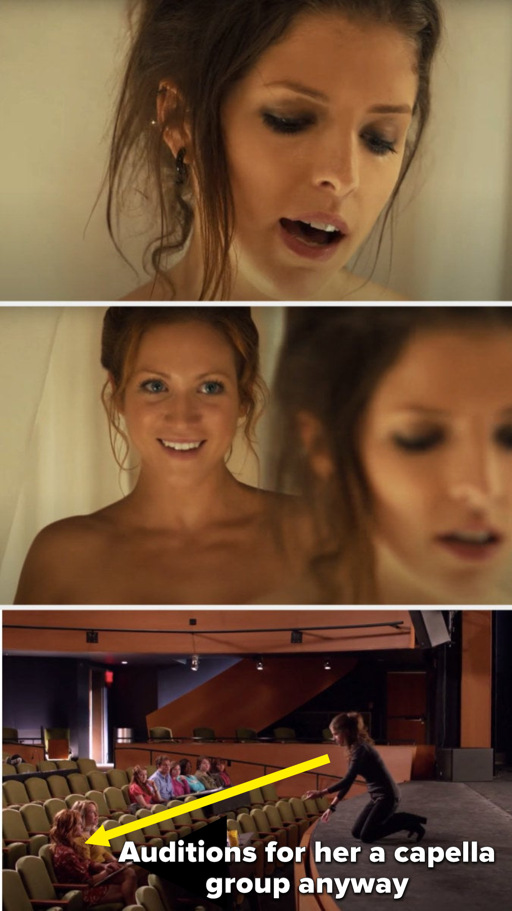 Chloe sneaks up on Beca in the shower, but Beca auditions for Chloe&#x27;s a capella group anyway