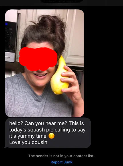 wrong number text of someone using a squash as a phone