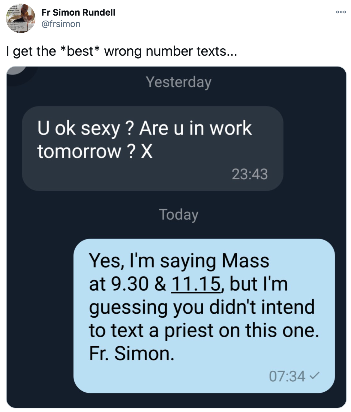 wrong number to a priest calling them sexy