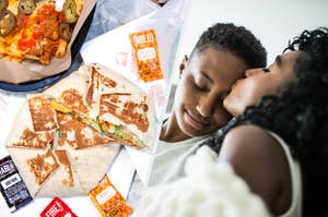 Taco Bell crunchwrap and someone kissing their SO's forehead 